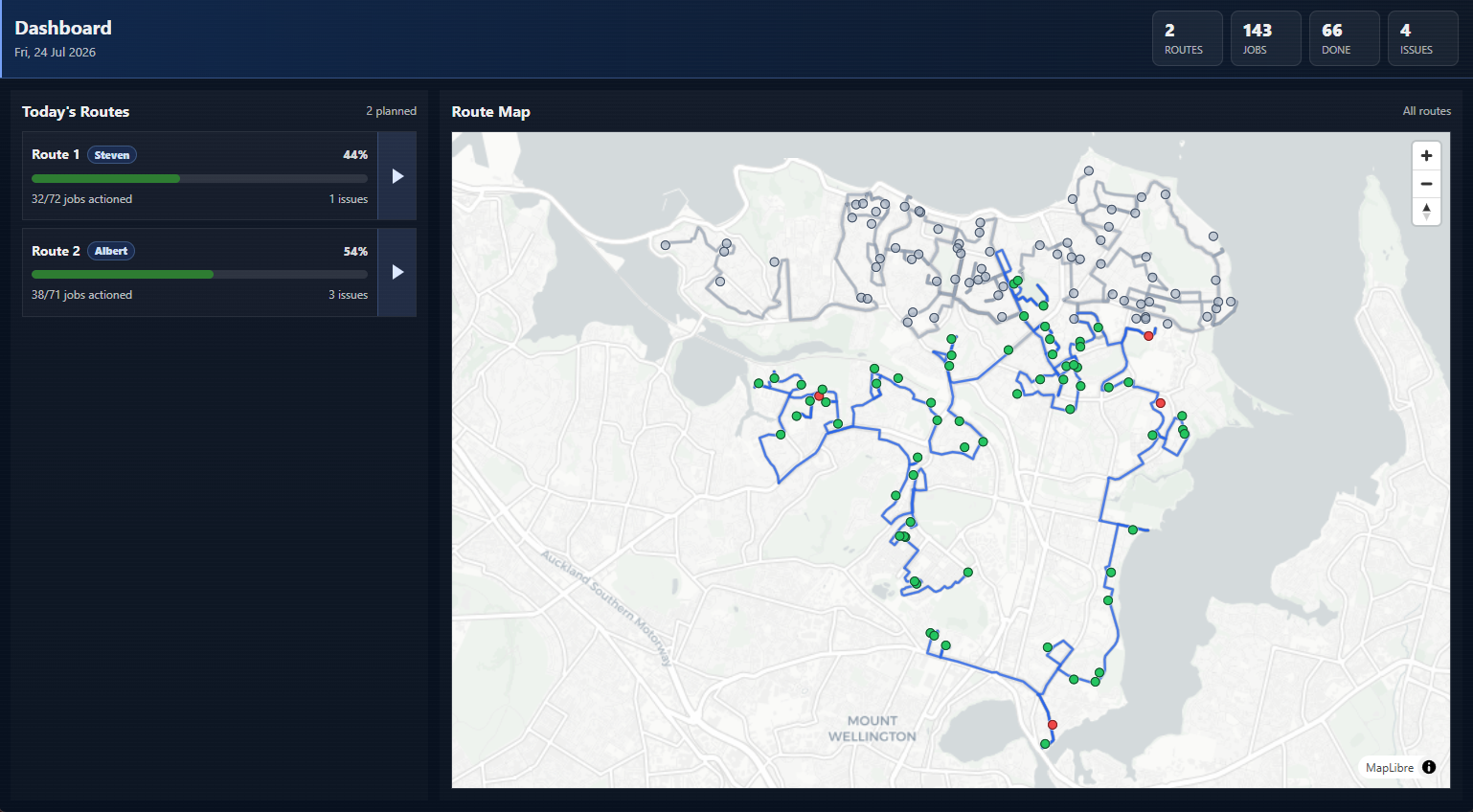 Navio office dashboard showing live routes, job progress, issues, and a combined route map