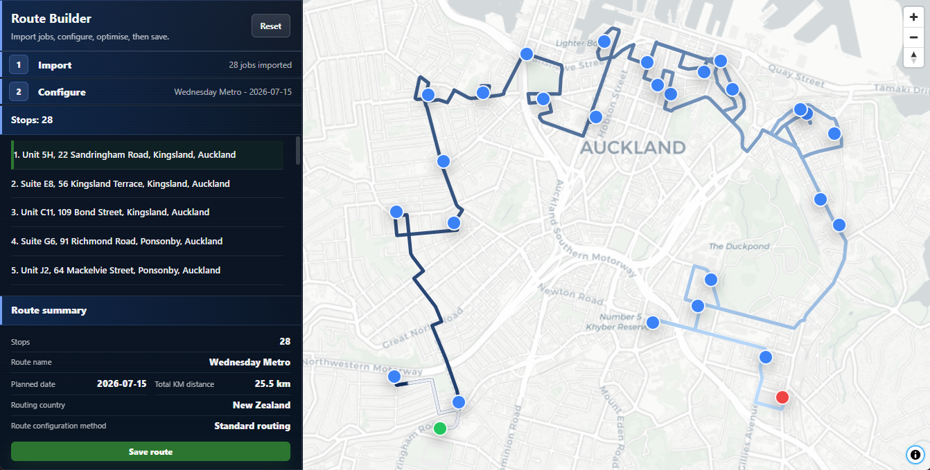 Navio Route Builder showing an ordered list of jobs and an optimised route across Auckland