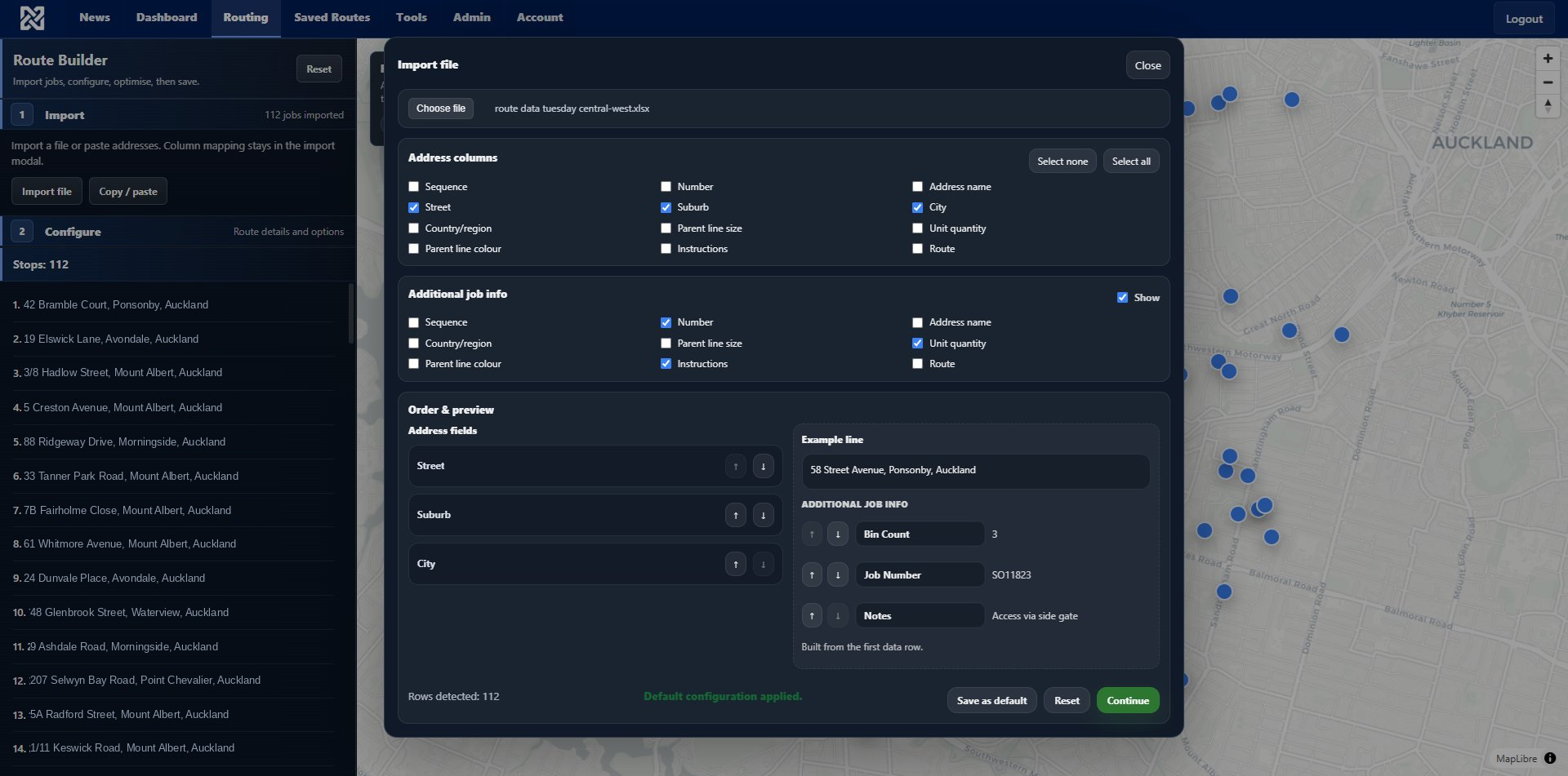 Column mapping dialog showing address fields and additional job info