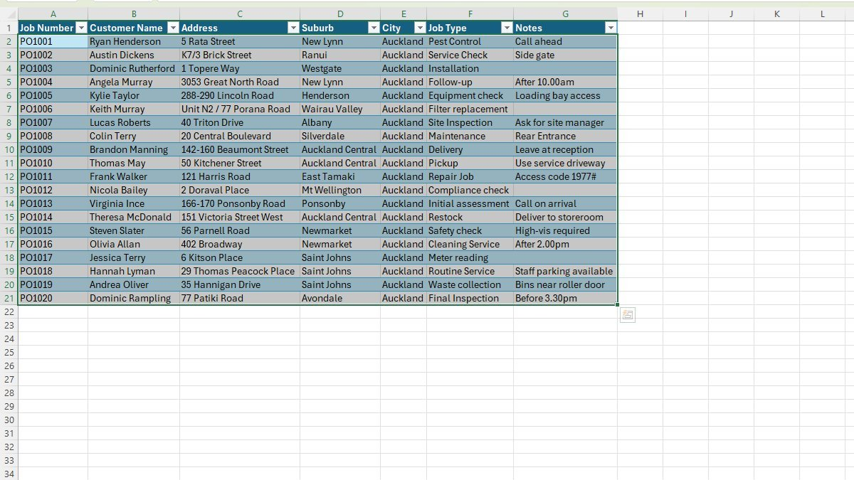 Excel spreadsheet with Auckland job list ready to import
