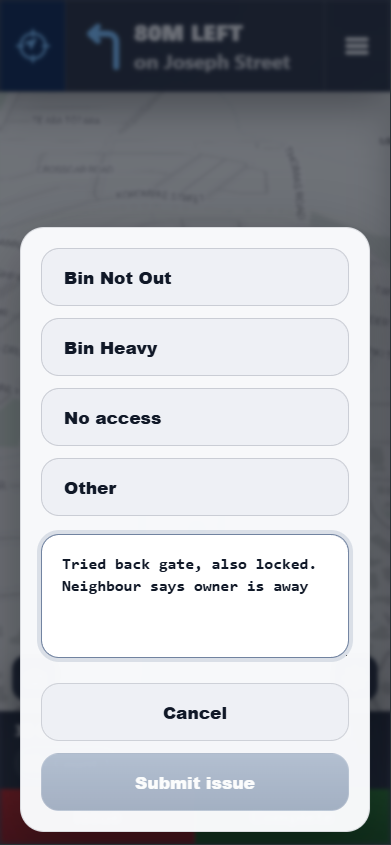 Issue report screen with No access selected and driver comment