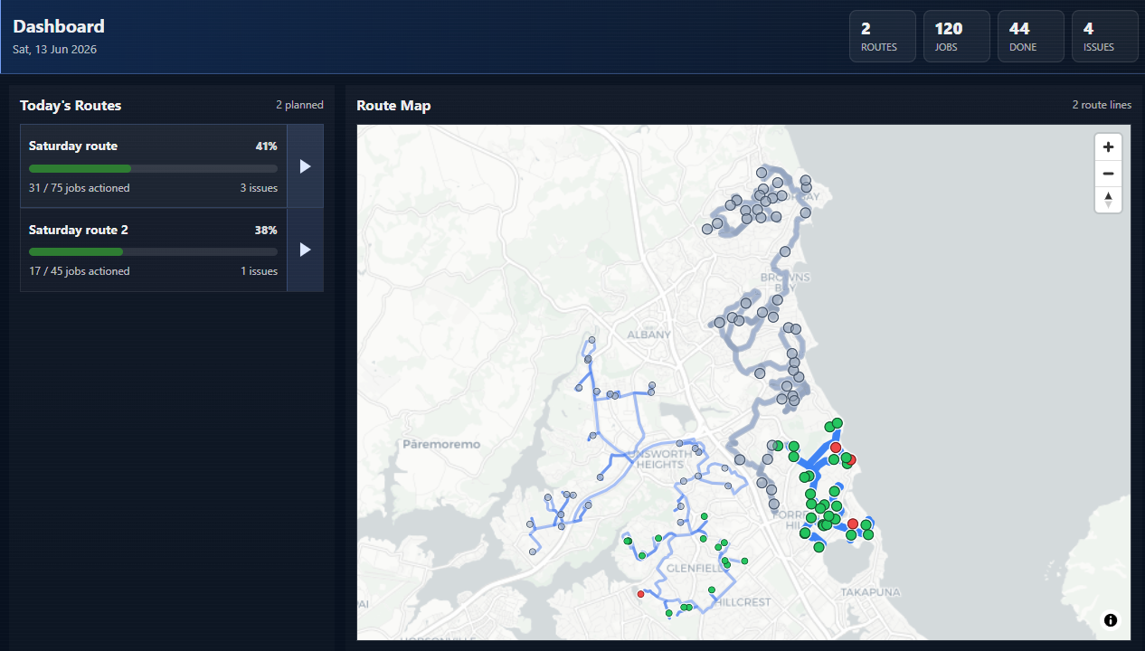 Run review dashboard with colour-coded map and job progress list