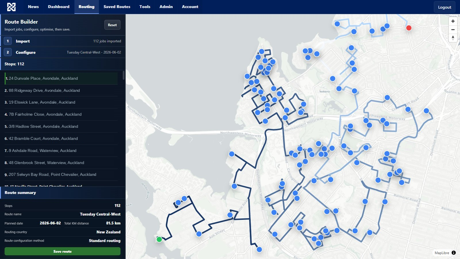 Optimised route across Auckland West with 81 jobs and route summary panel